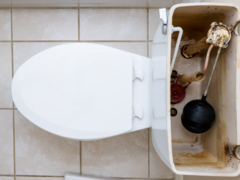 Residential home bathroom toilet tank plumbing repair. Replacing old leaking restroom lavatory flush valve.