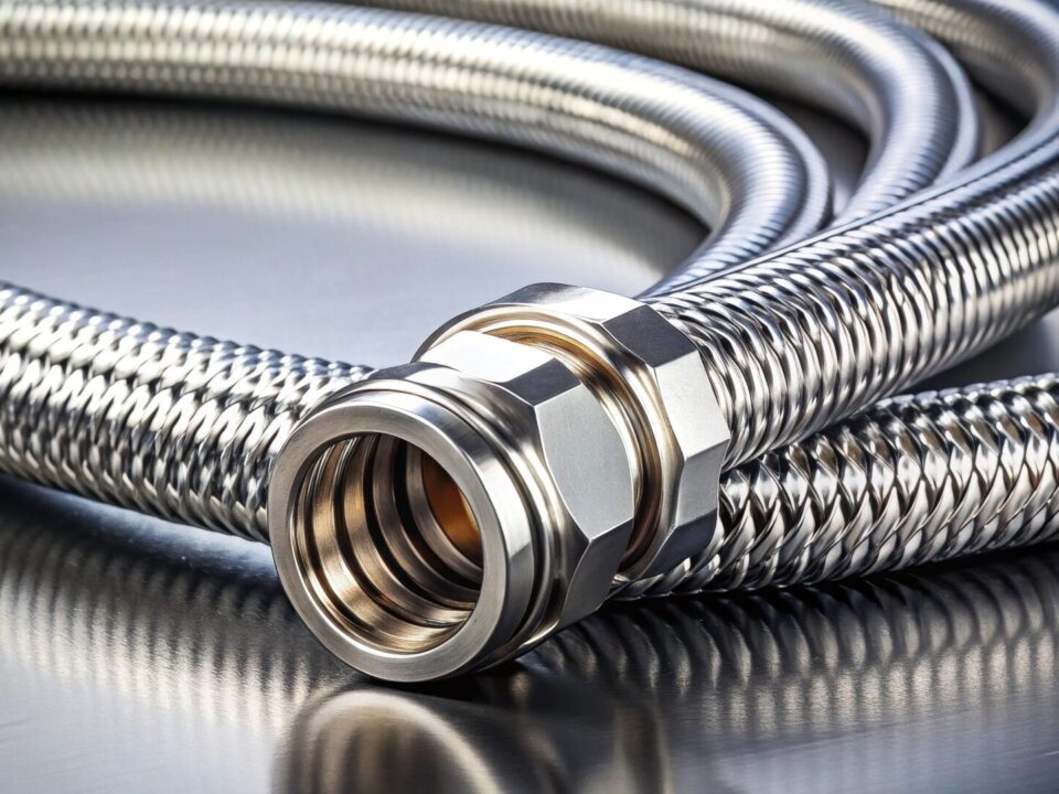 Close up view of a flexible metal hose with compression fittings, showcasing its intricate braided design and durable construction.